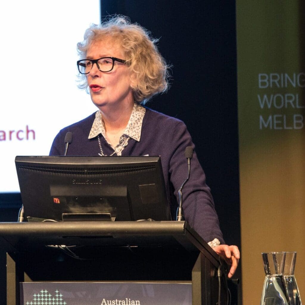 Professor Christina Mitchell AO FAHMS speaks to guests at the 2017 Life as a Clinician-Scientist Victoria symposium.